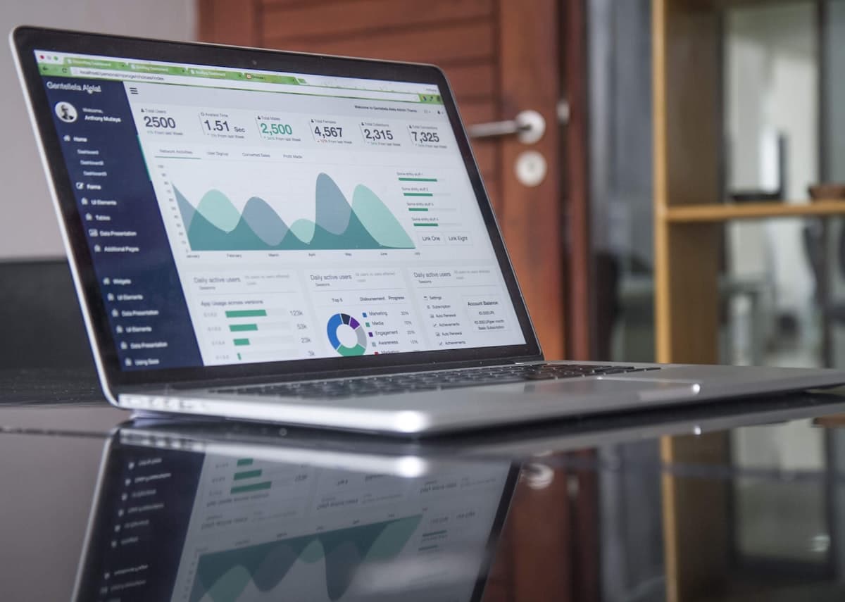 A laptop showing a business analytics dashboard on a clean desk